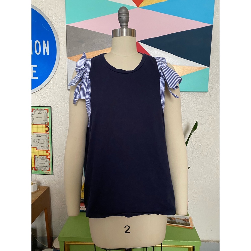 J. Crew Navy Sleeveless Top with Stripe Seersucker Trim and Bows Size XL